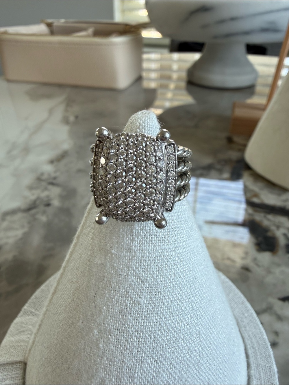David Yurman Silver Pavé Diamond Cushion Cocktail Ring